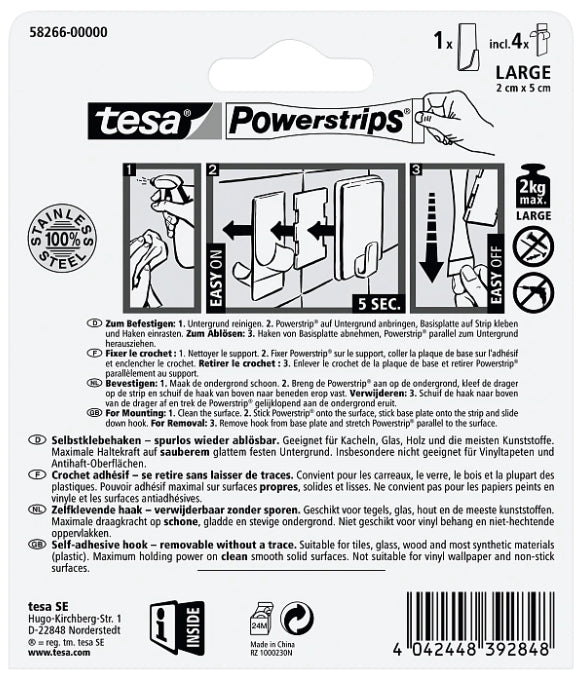 TESA Klebehaken – Edelstahl, 2 kg, Klebestreifen, 3,2×2,0×6,0 cm, Silber