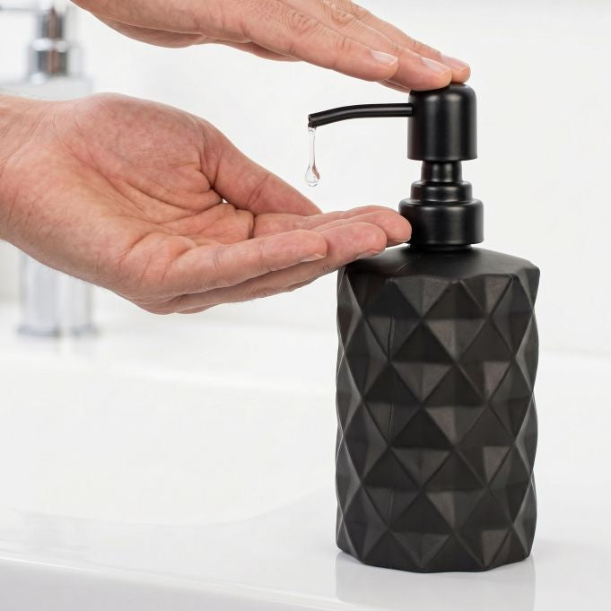 Relaxdays Seifenspender – Glas/Edelstahl, Schwarz, 350 ml