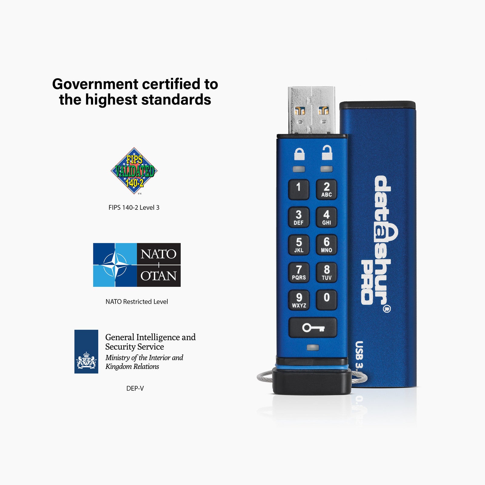 iStorage datAshur Pro – 256 GB, USB 3.2 Gen 1, AES-XTS 256-Bit HW-Verschlüsselung, FIPS 140-2 L3, IP57, Tastatur