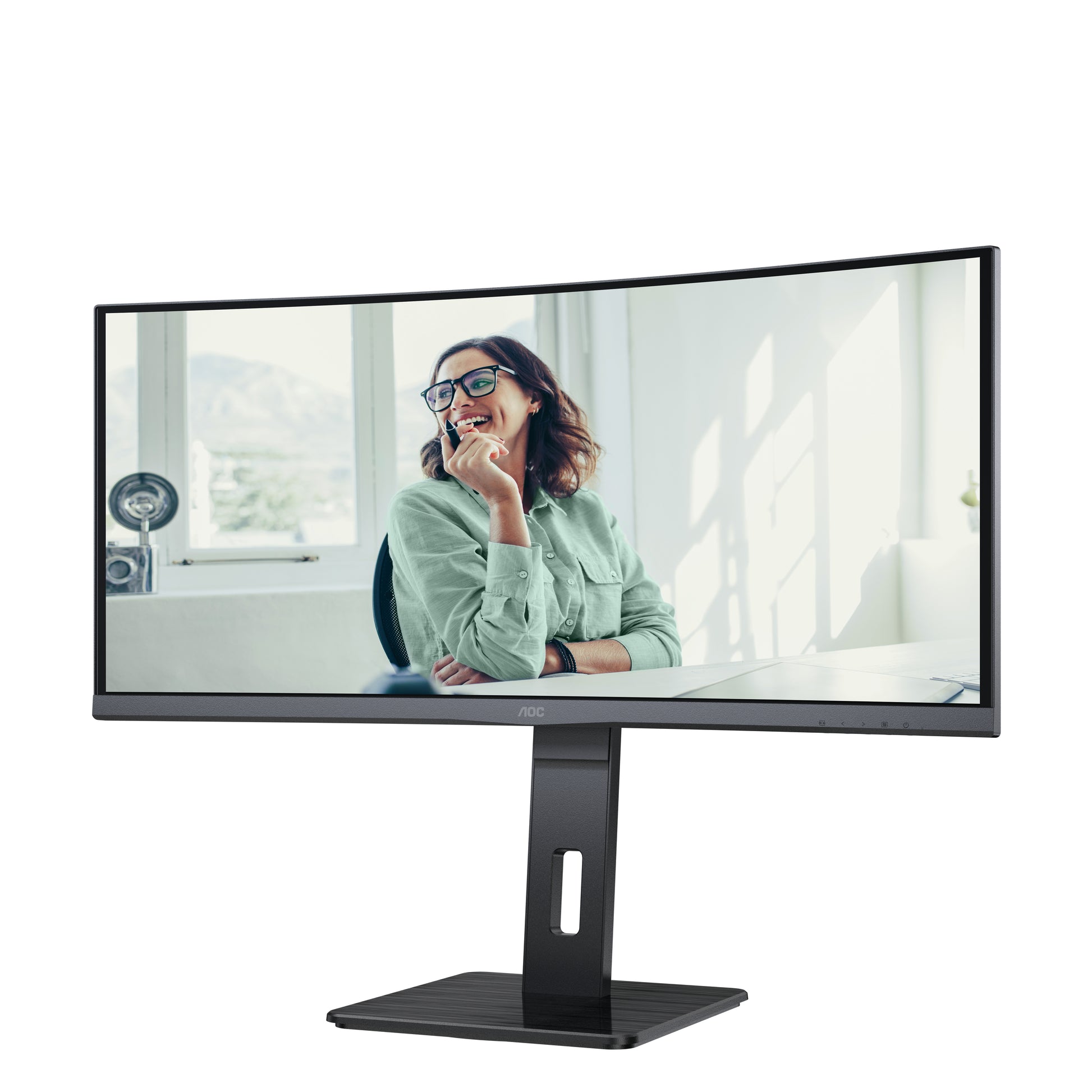 AOC Monitor, 34", 3440 × 1440 (UWQHD), VA, 100 Hz, 300 cd/m², KVM, USB-C, Gebogen, VESA 100 × 100, Schwarz