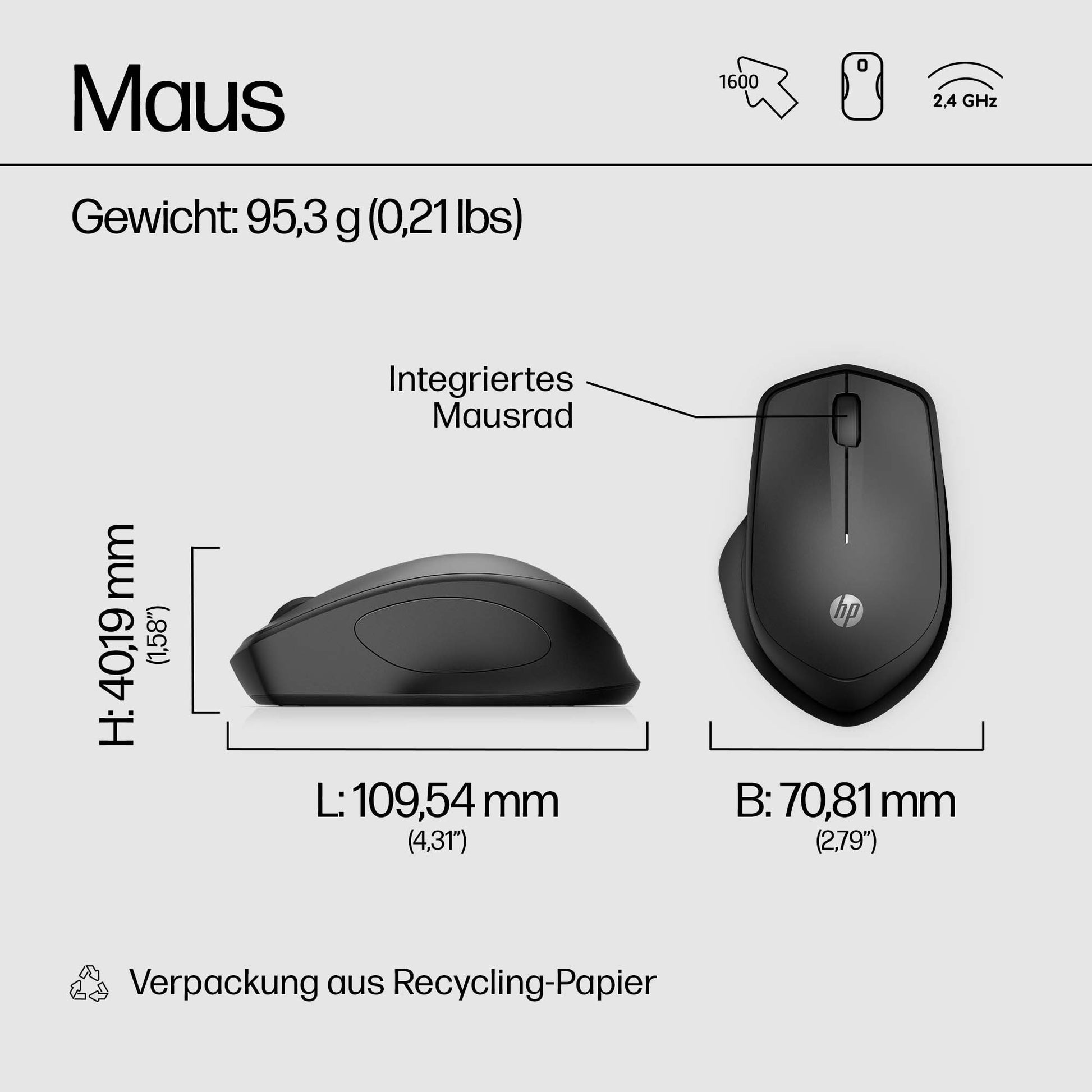 HP 280 Silent – Maus – Kabellos (2,4 GHz), Schwarz