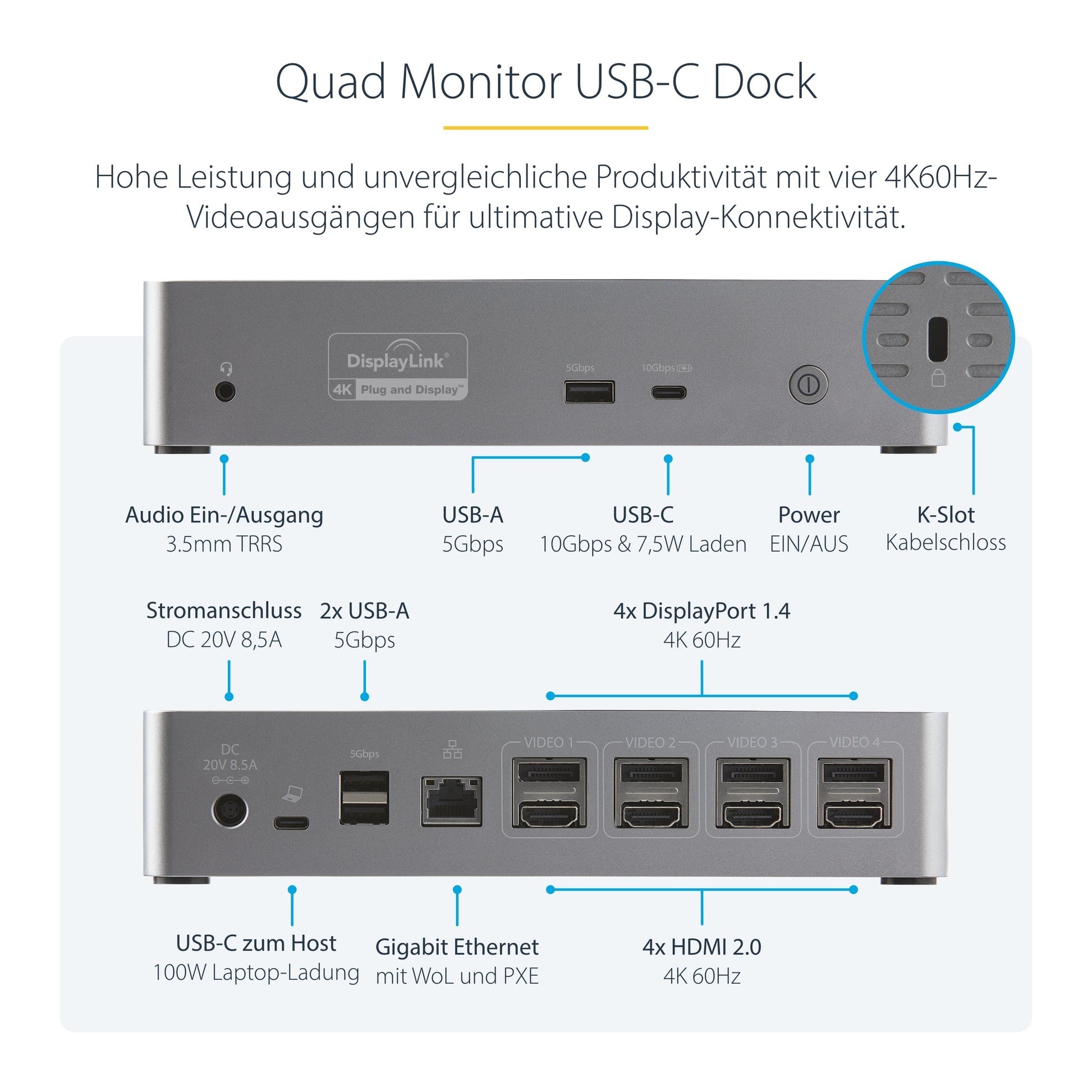 StarTech.com Dockingstation – USB-C, 4× DP, 4× HDMI, 3× USB-A, 100 W PD, GbE, 3,5 mm Audio, für Windows/Mac