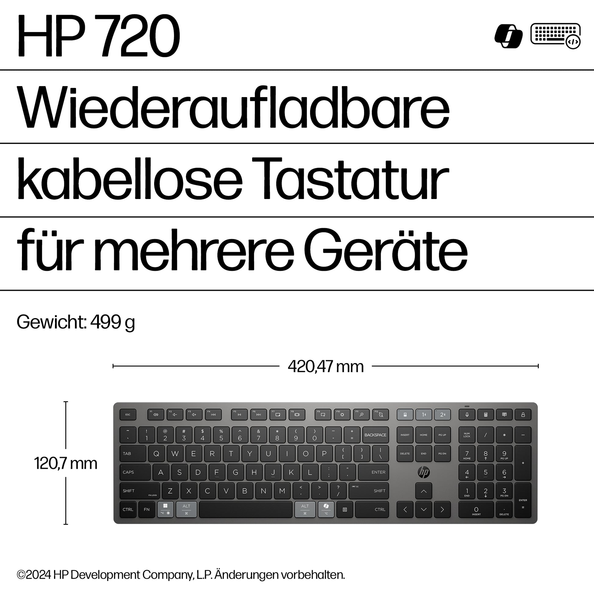 HP 720 Multi-Device – Tastatur – Bluetooth & 2,4 GHz (USB-A Empfänger) – Wiederaufladbar – Schwarz