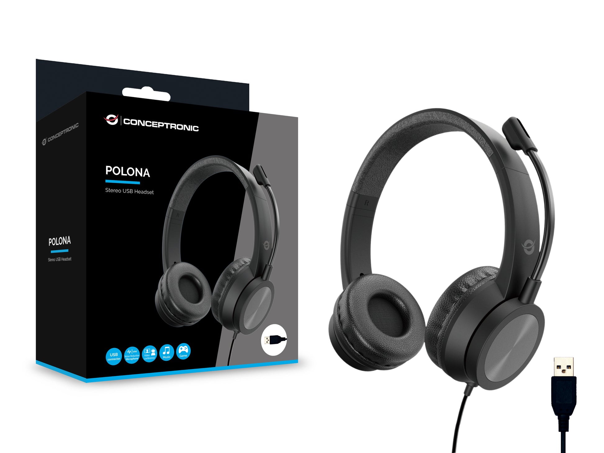 Conceptronic POLONA05B Office-Headset – Over-Ear, Stereo, Kabel (USB-A), Schwarz