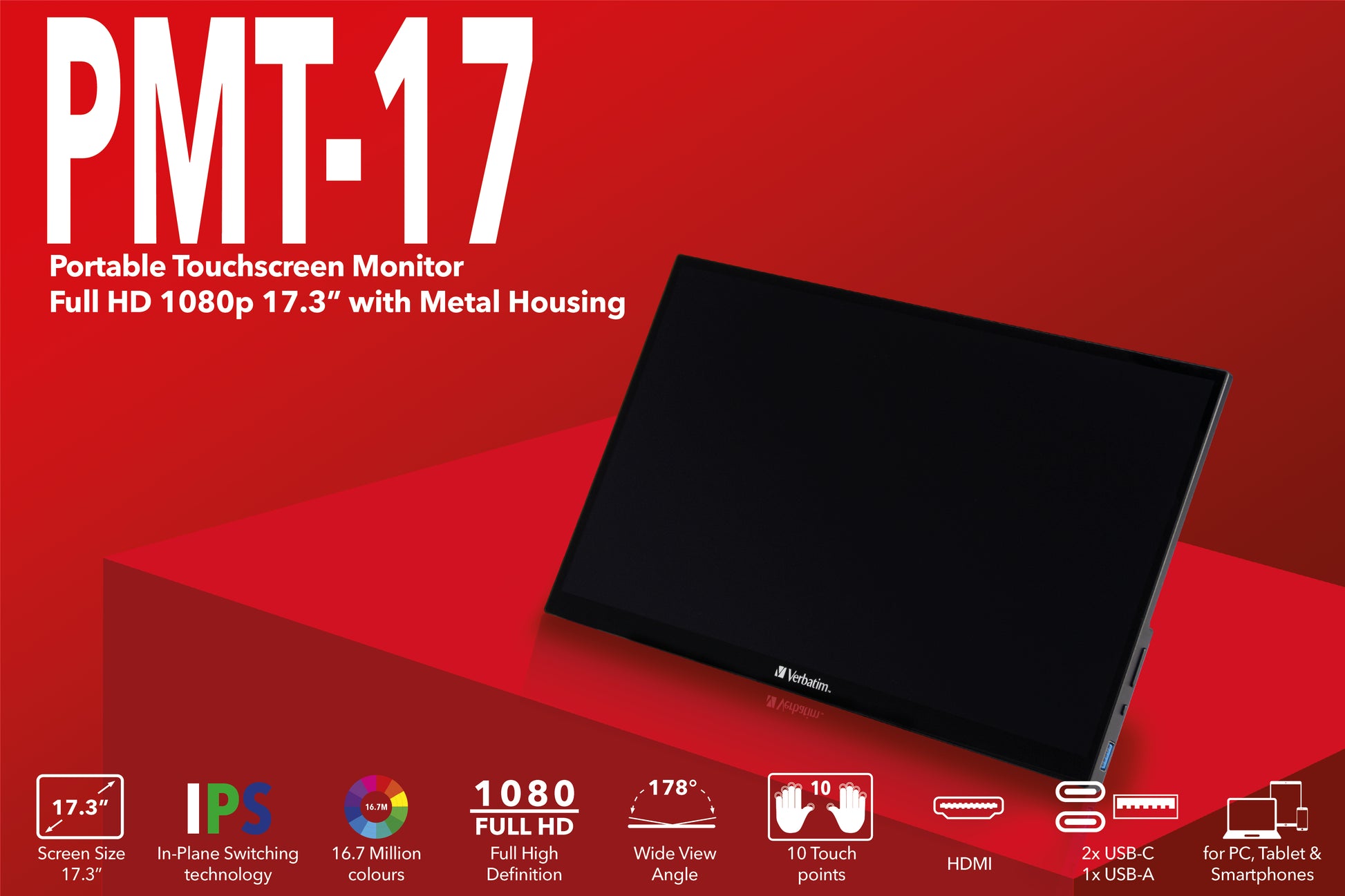 Verbatim Portabler Monitor, 17,3", 1920 × 1080 (Full HD), IPS, Touch, 60 Hz, 300 cd/m², Schwarz
