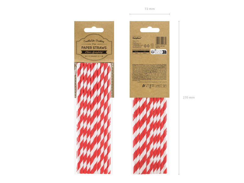 PartyDeco Papierstrohhalme, gestreift, 19,5 cm, rot/weiss – 10 Stk.
