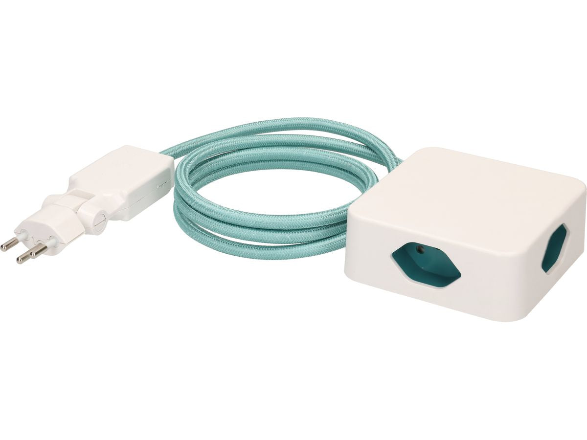 maxTEX Cube Steckdosenleiste – 4× T13, 2 m, ohne Schalter, IP20, weiss/türkis