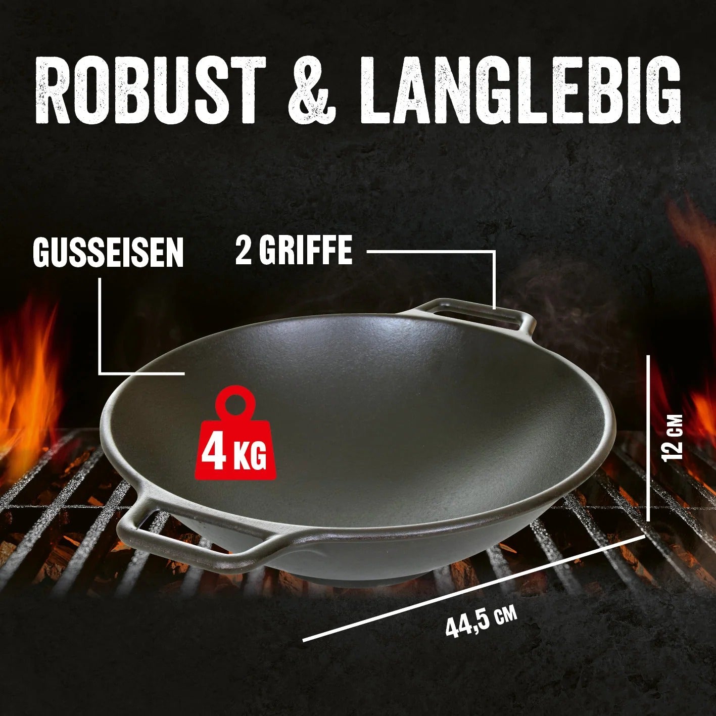 LANDMANN Fonduepfanne 15502 Pure – Ø 44,5 cm, Gusseisen, Emaille, für Grillrost, Schwarz