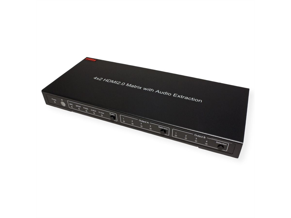 ROLINE HDMI Matrix, 4×2, 4K@60 Hz, IR, Toslink & Cinch, HDCP, Schwarz