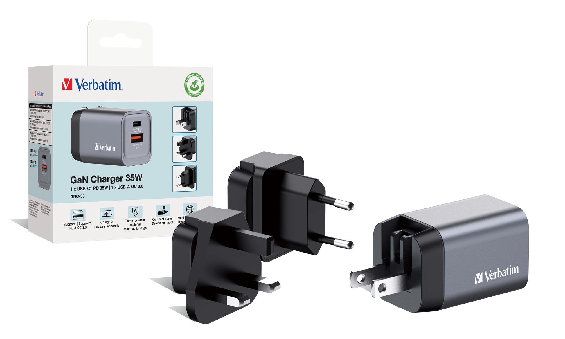 Verbatim GNC-35 USB-Ladegerät 35 W – USB-C×1, USB-A×1 – PD, PPS, QC 3.0, GaN