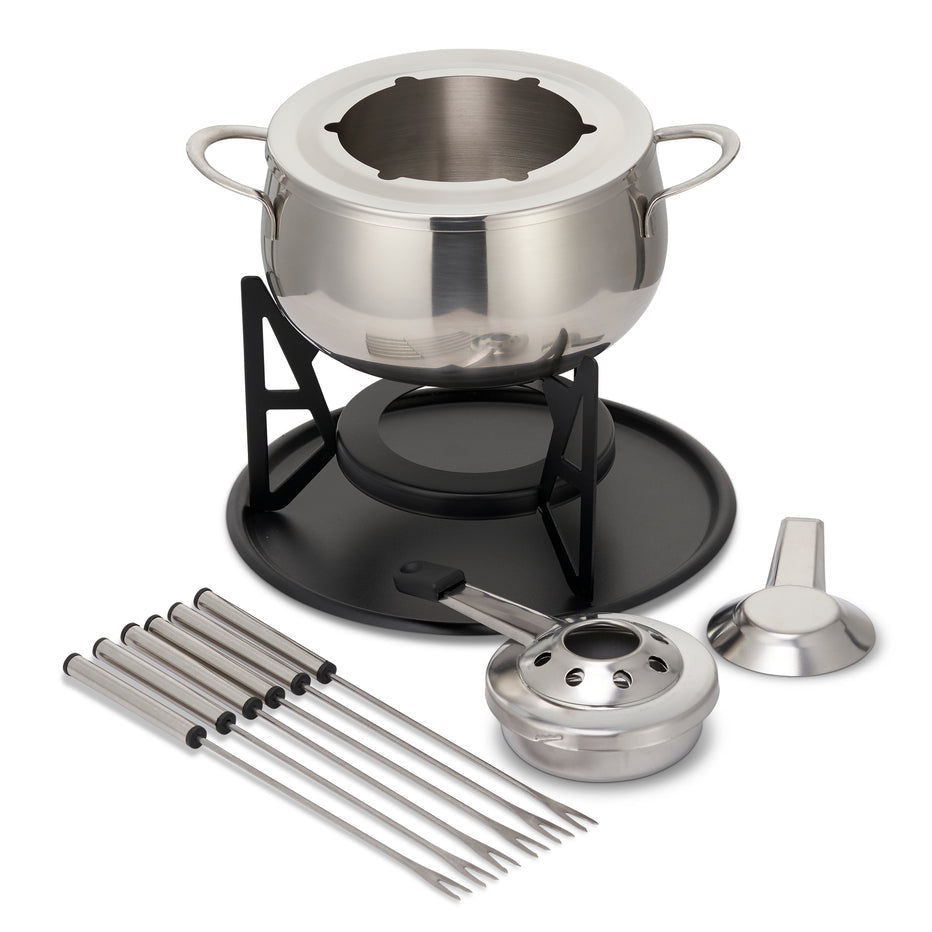 Oak & Steel Fondue-Set – Ø 16 cm, 6 Personen, 11 Teile, Edelstahl, für Käsefondue