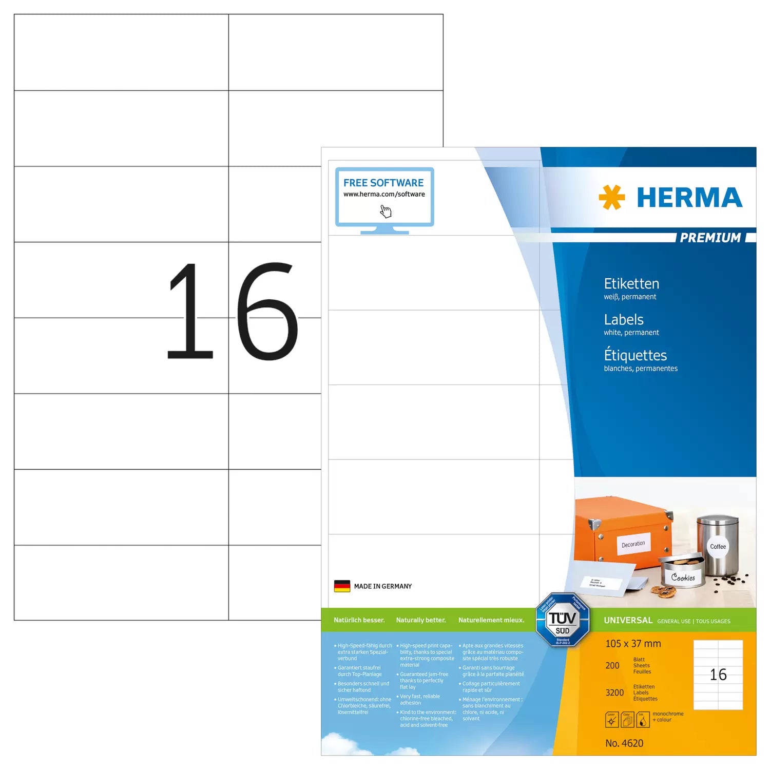 HERMA Etikettenbögen, 105 mm × 37 mm, weiss, Papier, permanent, 3200 Etiketten