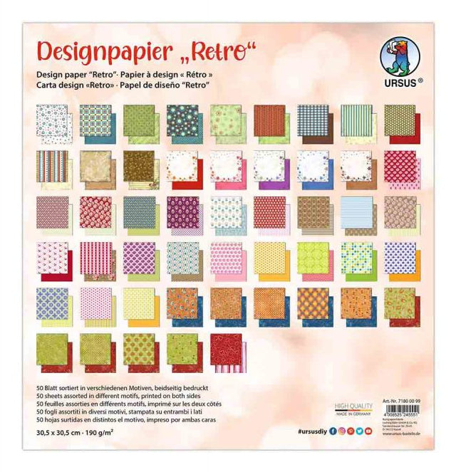 URSUS Designpapierblock – 30,5 × 30,5 cm, mehrfarbig, 190 g/m² – 50 Blatt