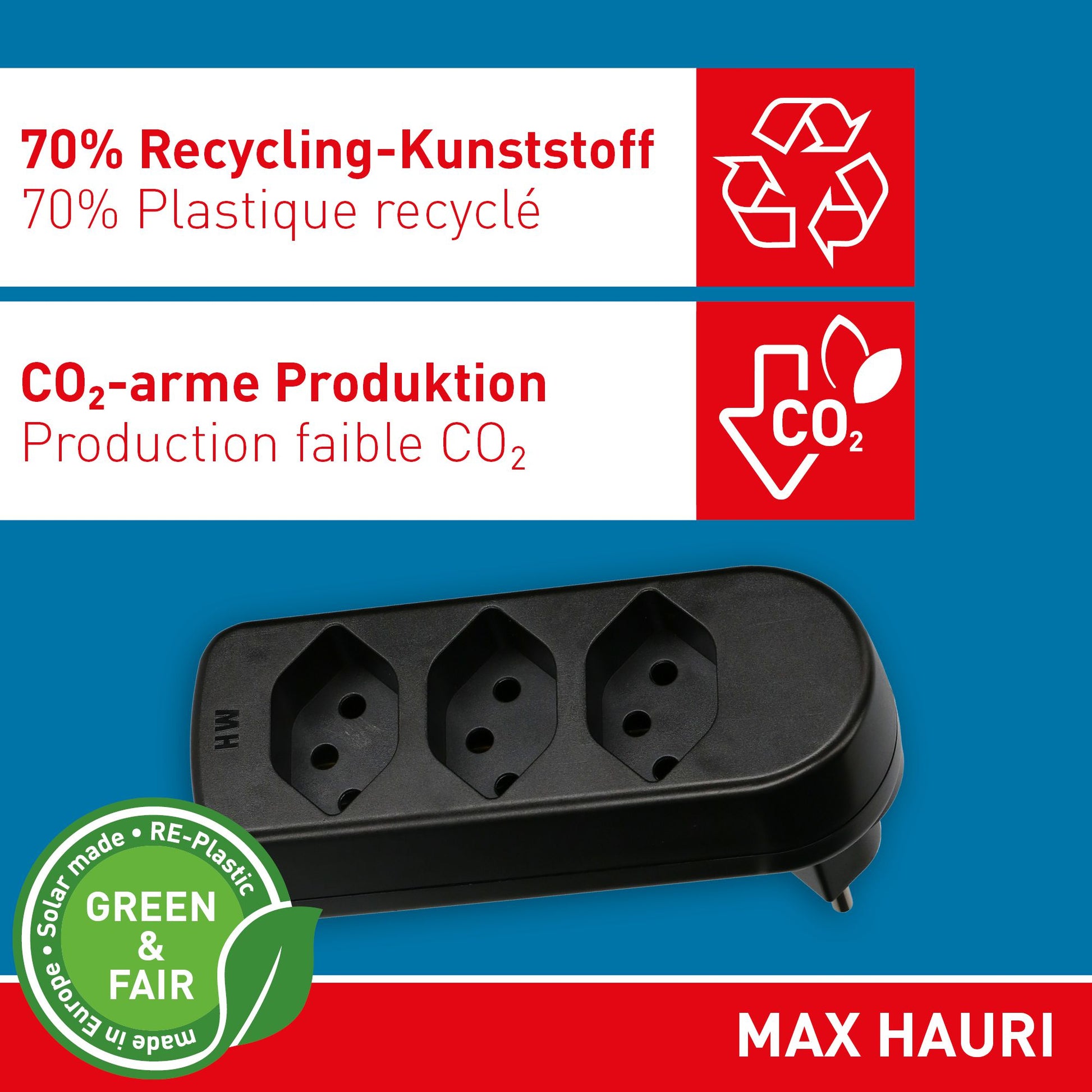 Max Hauri AG ADAPT 176510 Mehrfachstecker – T12 zu 3× T13, 230–250 V / 10 A / 2300 W, 3-fach, drehbar 320°