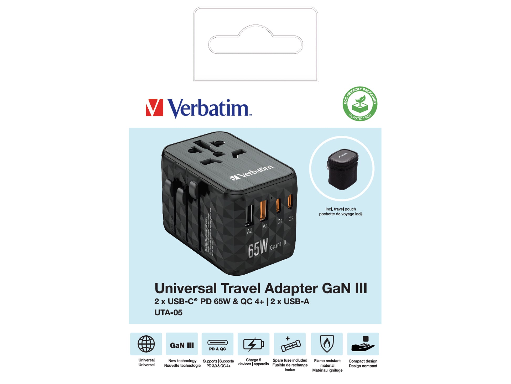 Verbatim Reiseadapter – UTA-05 GaN III Universal, PD 65 W, QC 4+, 2× USB-A, 2× USB-C, Schwarz