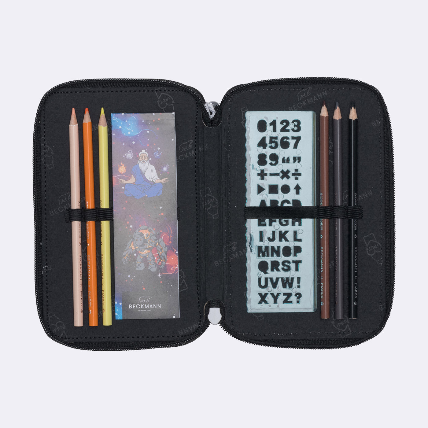Beckmann Klassisches dreifaches Schüleretui, gefüllt, 27-teilig – Ninja Elements – Kunststoff – 13,0 × 20,5 × 7,0 cm