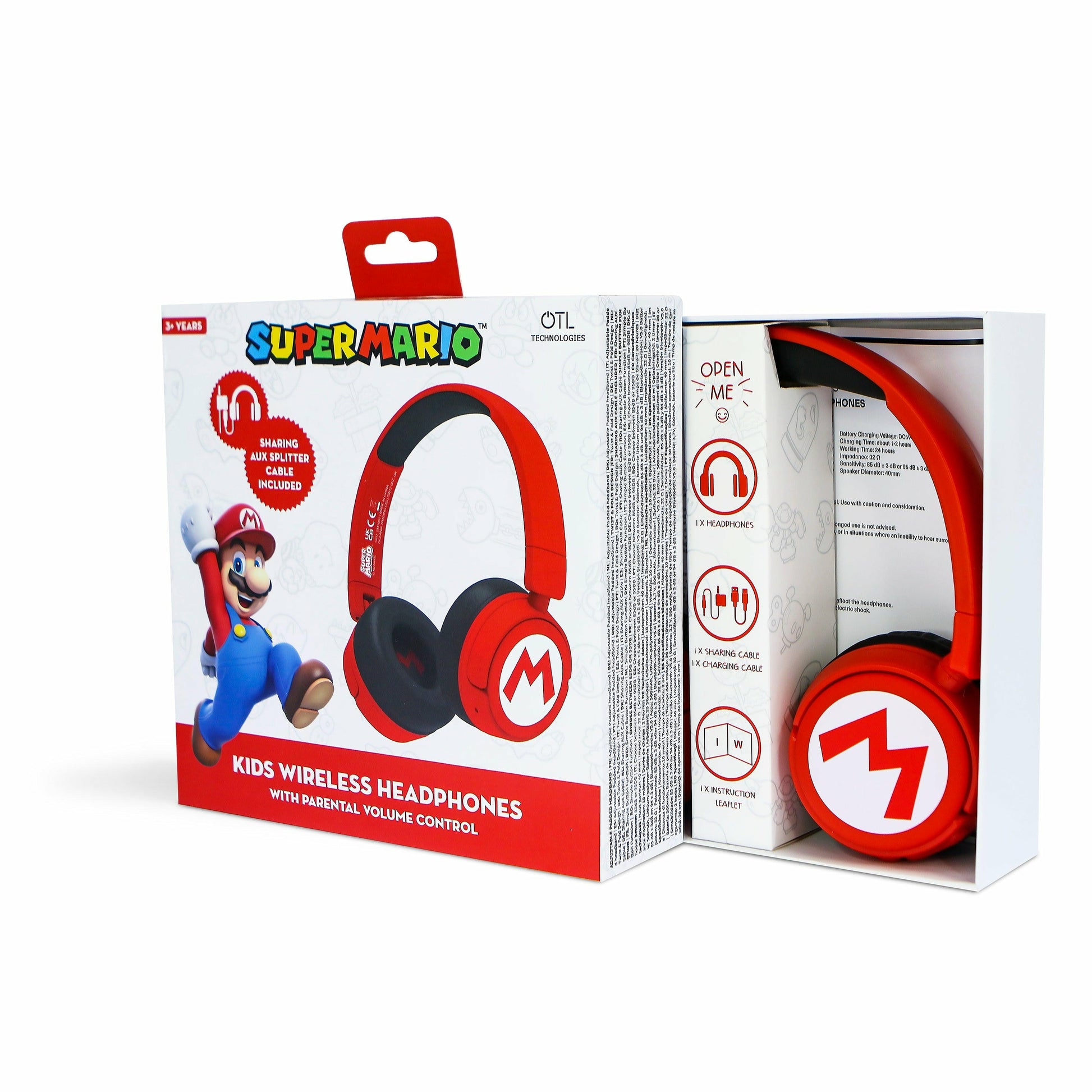 OTL Technologies Super Mario Kinderkopfhörer – On-Ear, Stereo, Kabel + BT, 3,5 mm Klinke, Rot, BT 5.1