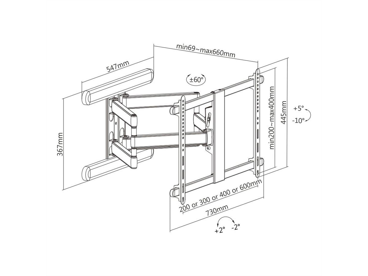 ROLINE Wandhalterung – Vollbeweglich – 37–80" – VESA 200×200–600×400 – bis 70 kg, Höhenverstellbar – Schwarz