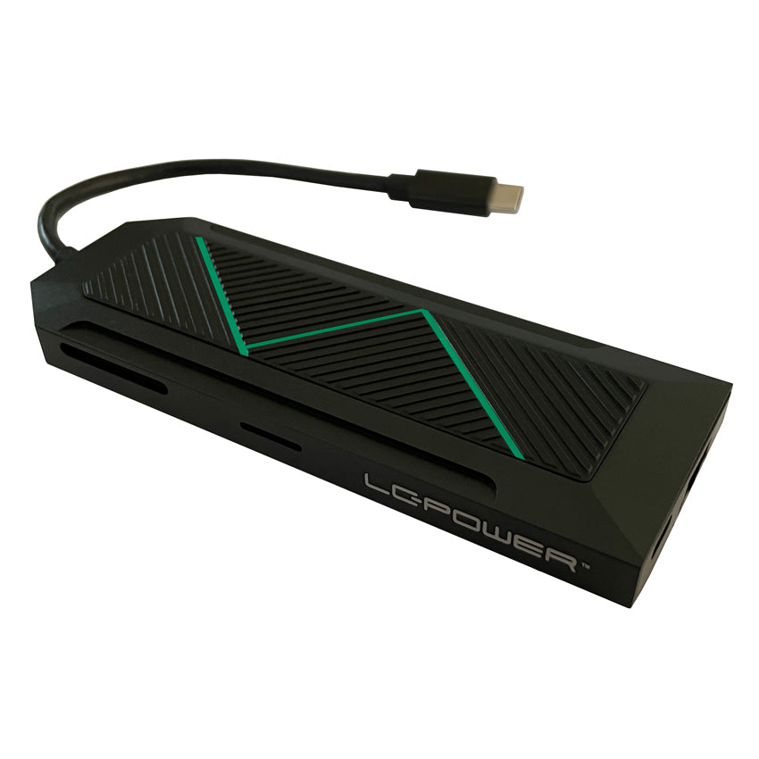 LC-Power MULTI-6-RGB Multiport-Adapter – USB-C, 1× HDMI, 3× USB-A, 1× USB-C, 100 W PD, GbE, SD/microSD