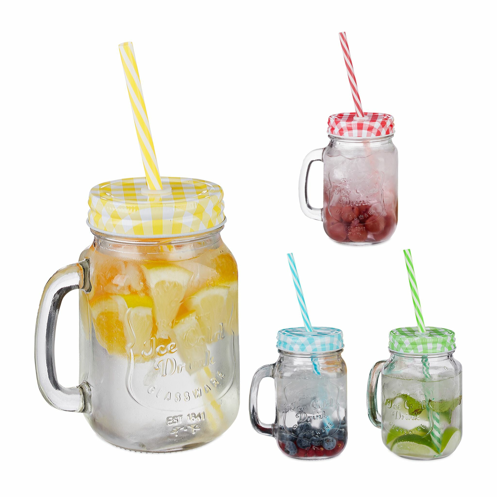 Relaxdays Trinkglas – 4er Set, 500 ml, Ø 11,0 cm, H 13,5 cm, mit Deckel, spülmaschinenfest
