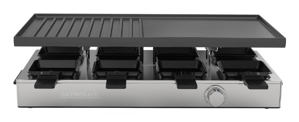 Gastroback Raclette 42563 – 8 Personen, 1700 W, 12 Pfännchen, Aluminiumguss – schwarz/edelstahl
