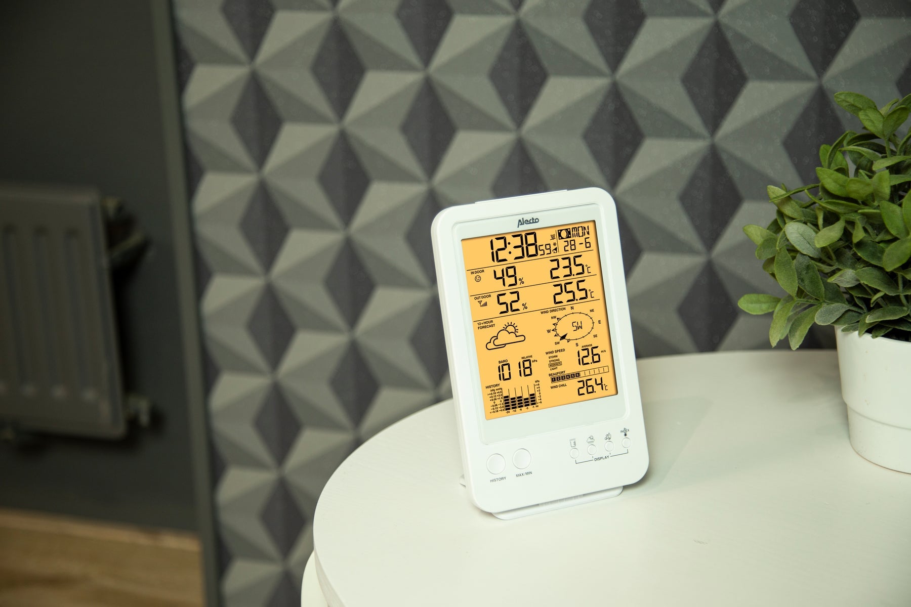 Alecto WS-4800 – Wetterstation, Funk 868 MHz, innen/außen, Hygrometer & Barometer, inkl. Aussensensor – weiss