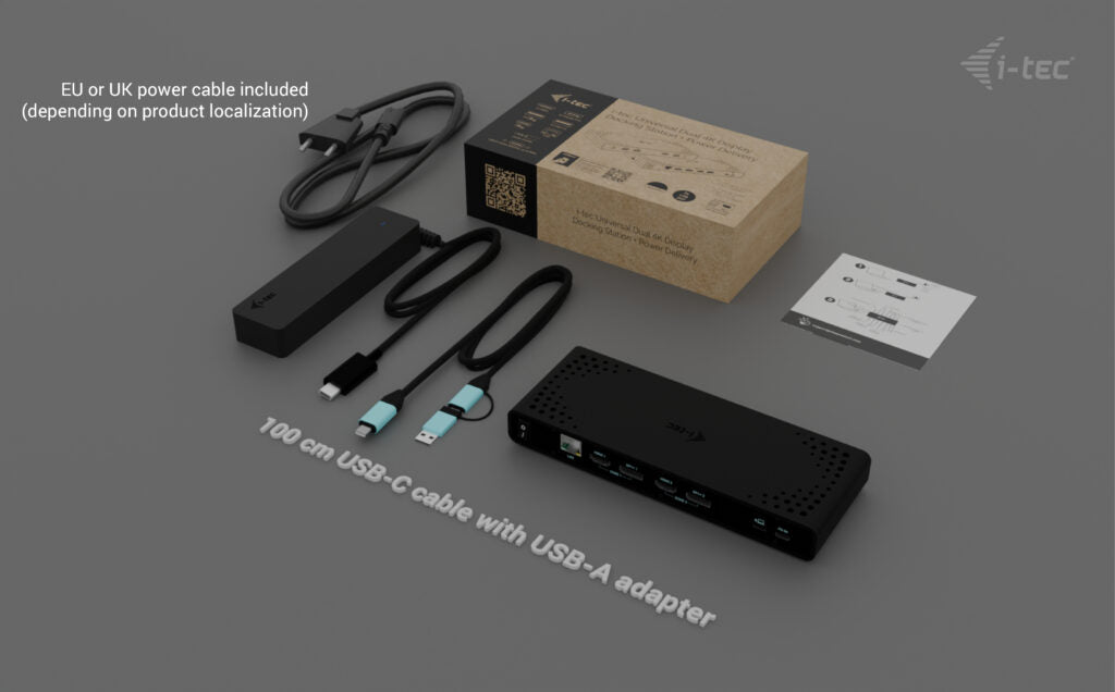 i-tec Uni Dual 4K Dockingstation – USB-C, 2× DP, 2× HDMI, 4× USB-A, 85 W PD, GbE, für Windows/Mac/ChromeOS