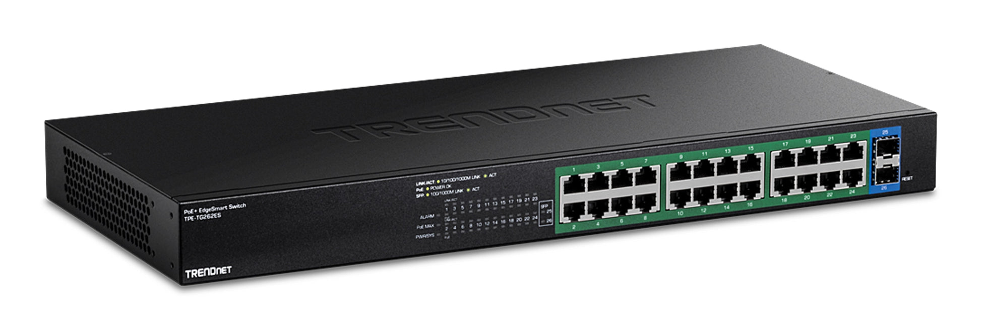 TRENDnet TPE-TG262ES – Smart Switch – 24× 1G, 2× SFP, PoE+, PoE-Budget 380 W, 19", 1U