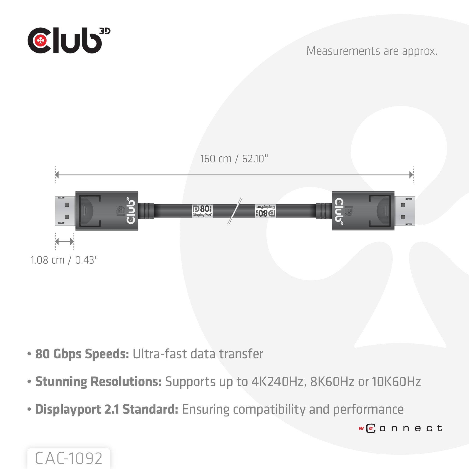 CLUB3D DisplayPort Kabel DP 2.1 10K 60 Hz – 1,6 m