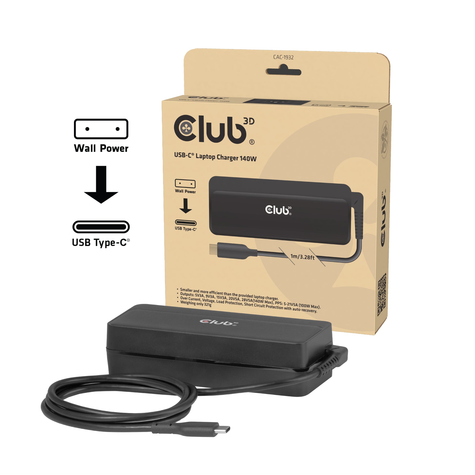 CLUB3D Club 3D USB-C Laptop-Ladegerät 140 W – USB-C×1 – Schwarz
