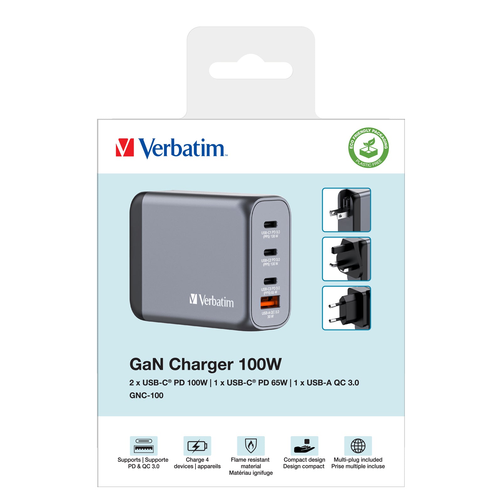 Verbatim Ladegerät (EU/UK/US) – 100 W, 3× USB-C + 1× USB-A, PD, PPS, QC, GaN
