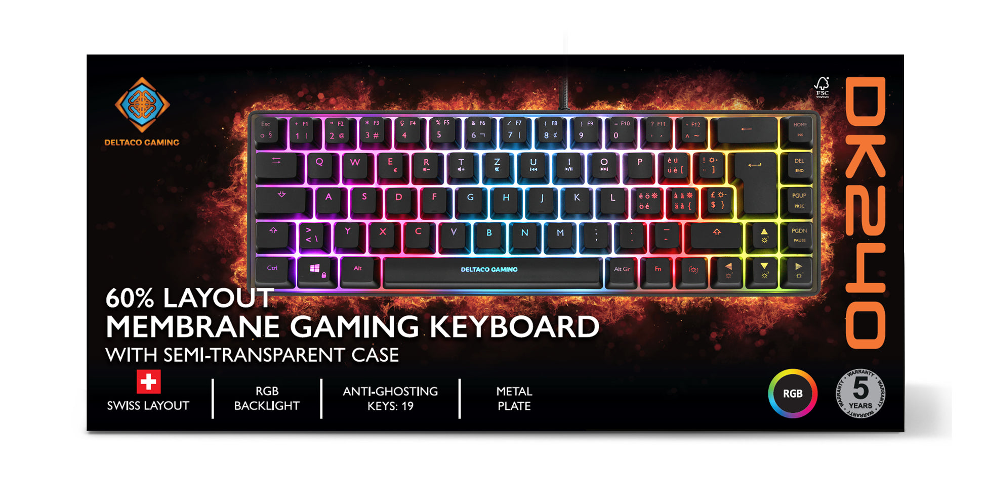 Deltaco Gaming GAM-158-CH – Gaming-Tastatur 60% – Membran, RGB – USB-A kabelgebunden – QWERTZ (CH)