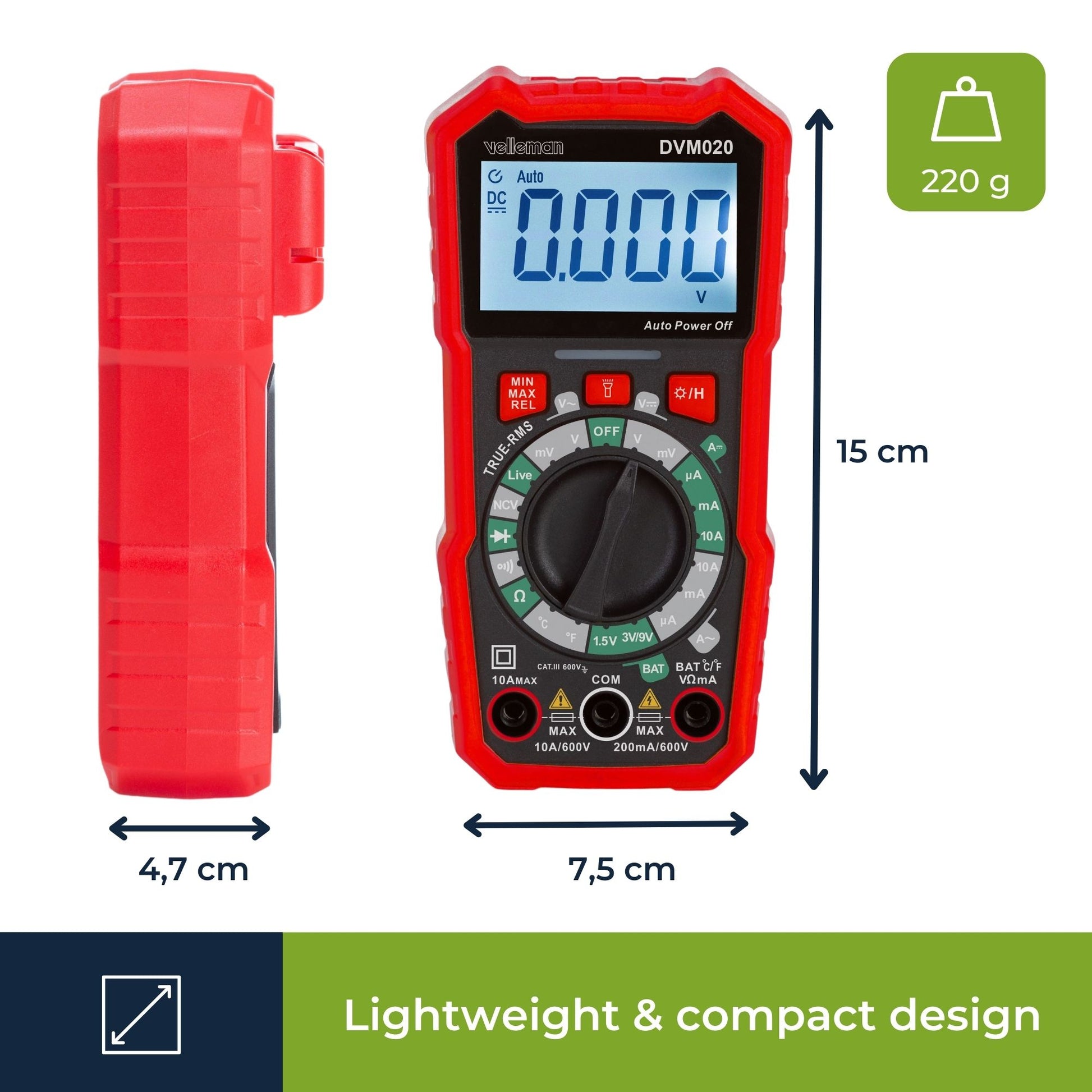 Velleman 469862 – Multimeter – Echt-Effektivwert, 0,1–600 V AC, CAT III 600 V
