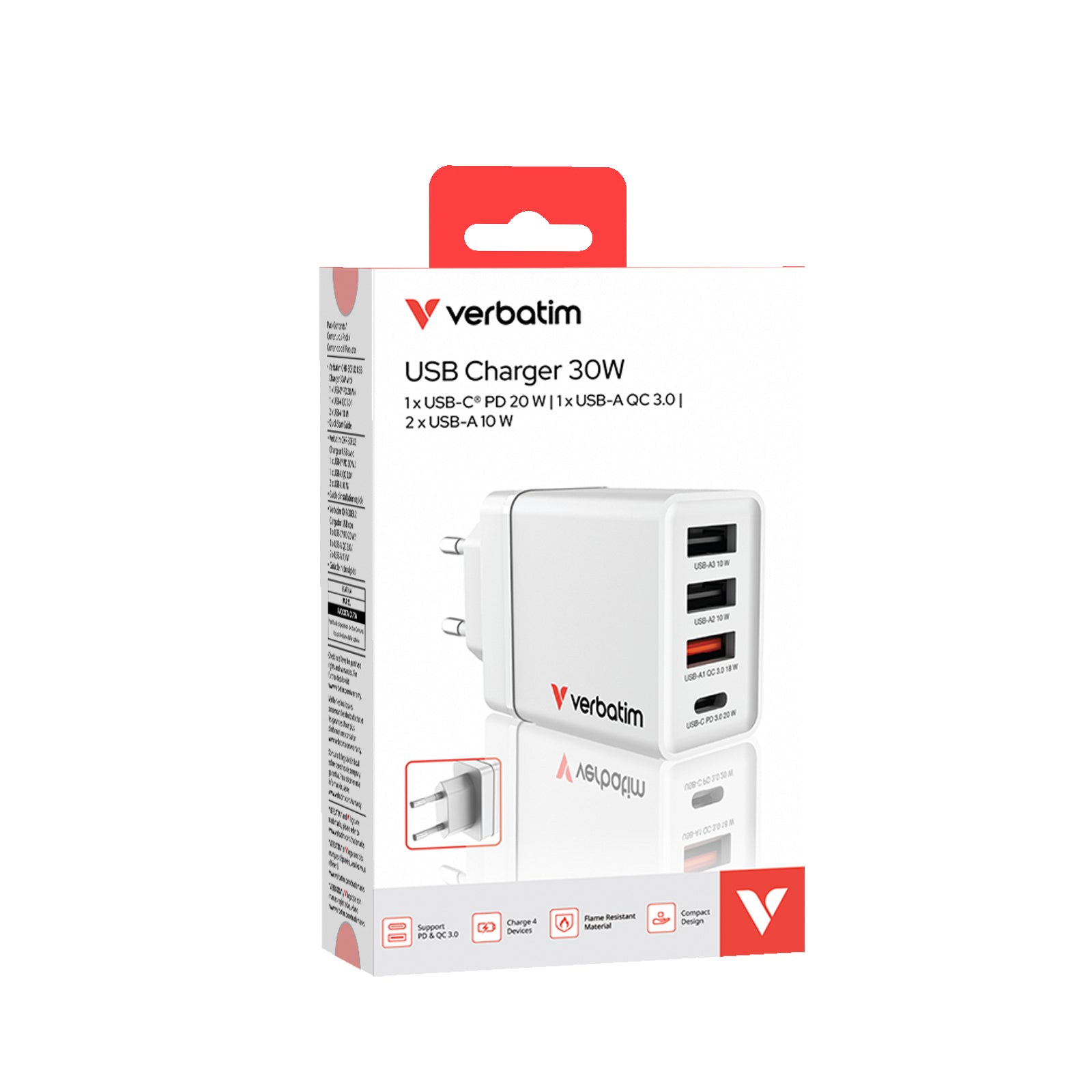 Verbatim USB-Ladegerät 30 W – USB-C×1, USB-A×2 – PD, QC 3.0, EU-Stecker (Typ C) – Weiss