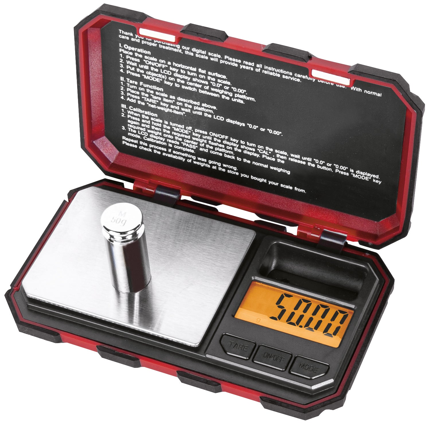 KRAFTWERK Taschenwaage 601.200.001 – Tragkraft 200 g, Teilung 0,03 g, Batterie, Rot