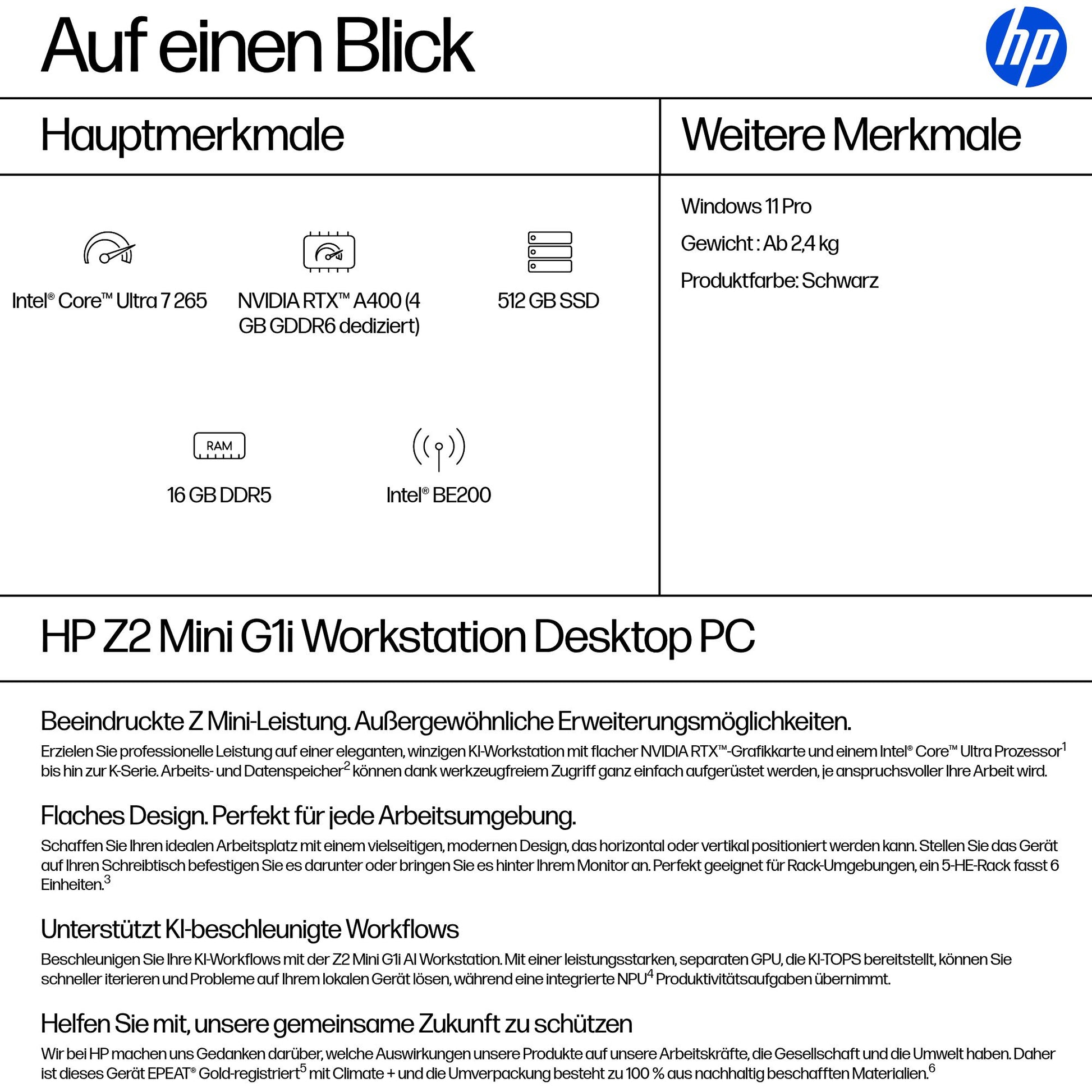 HP Z2 G1I Micro – Intel Core Ultra 7 265, 16 GB RAM, 512 GB SSD, NVIDIA RTX A400 4 GB, Windows 11 Pro