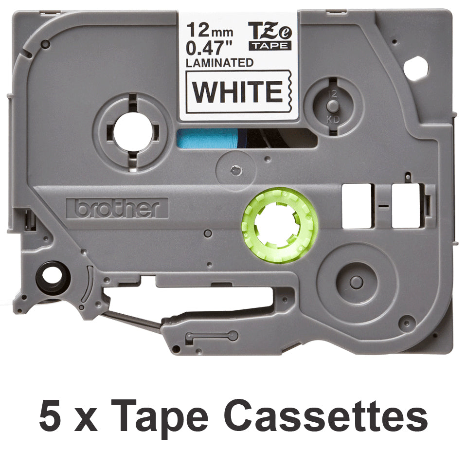 Brother Schriftband – 12 mm, weiss, schwarz – für Brother P-touch: TZ, TZe – TZe-231, 5er-Pack