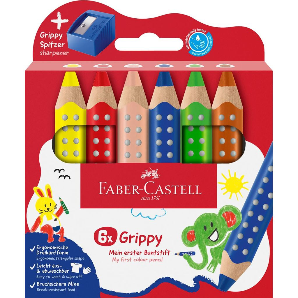 Faber-Castell 3-in-1 Farbstifte Grippy – 6 Farben, im Kartonetui, mit Spitzer, Ø 3 mm, dreikantig