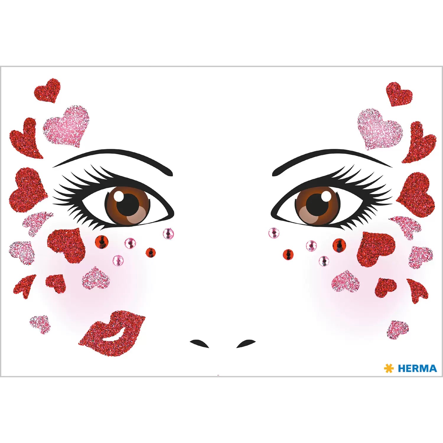 HERMA Face-Art-Sticker, mehrfarbig, Motiv Love, 1 Blatt (34 Etiketten), wiederablösbar, dermatologisch getestet