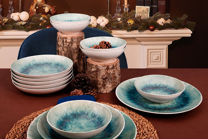 Hermia Geschirrset – 18-teiliges Set, Porzellan, Türkis