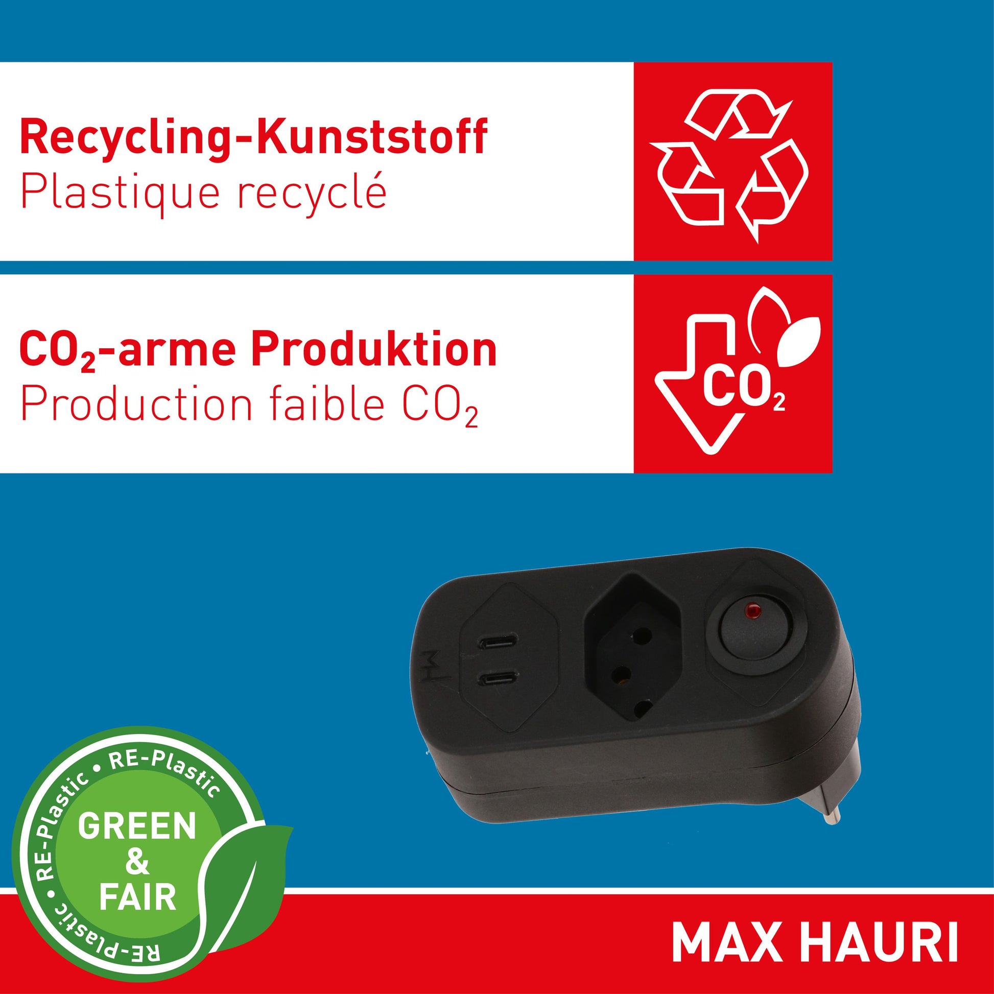 Max Hauri AG Max Hauri ADAPT Abzweigstecker 1×T13 – USB‑C×2, PD 20 W – T12 Eingangsstecker (abgewinkelt) – schwarz
