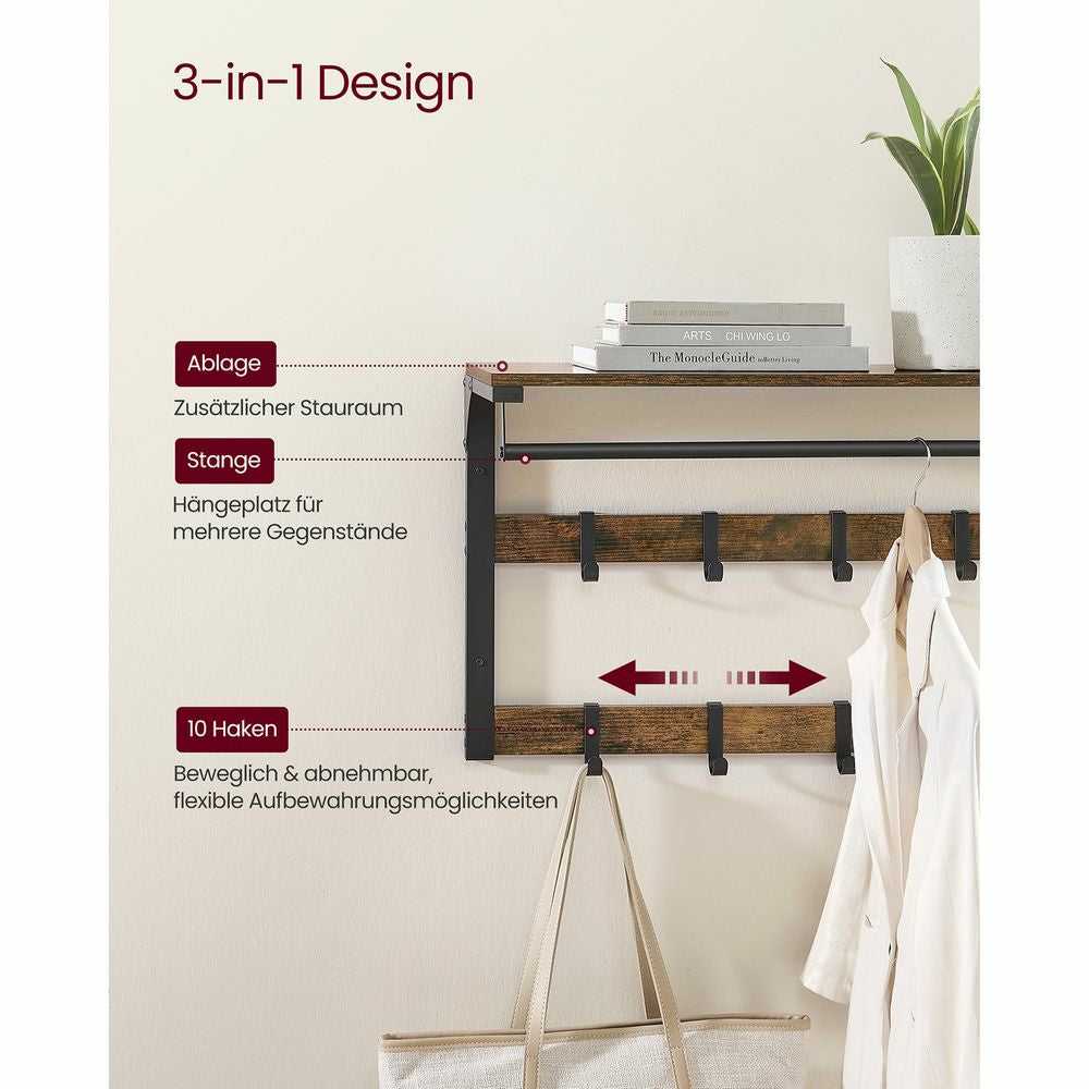 Vasagle Wandgarderobe – 10 Haken, mit Ablage, Stahl/Spanplatte, Schwarz/Braun, 80 × 30 × 42 cm