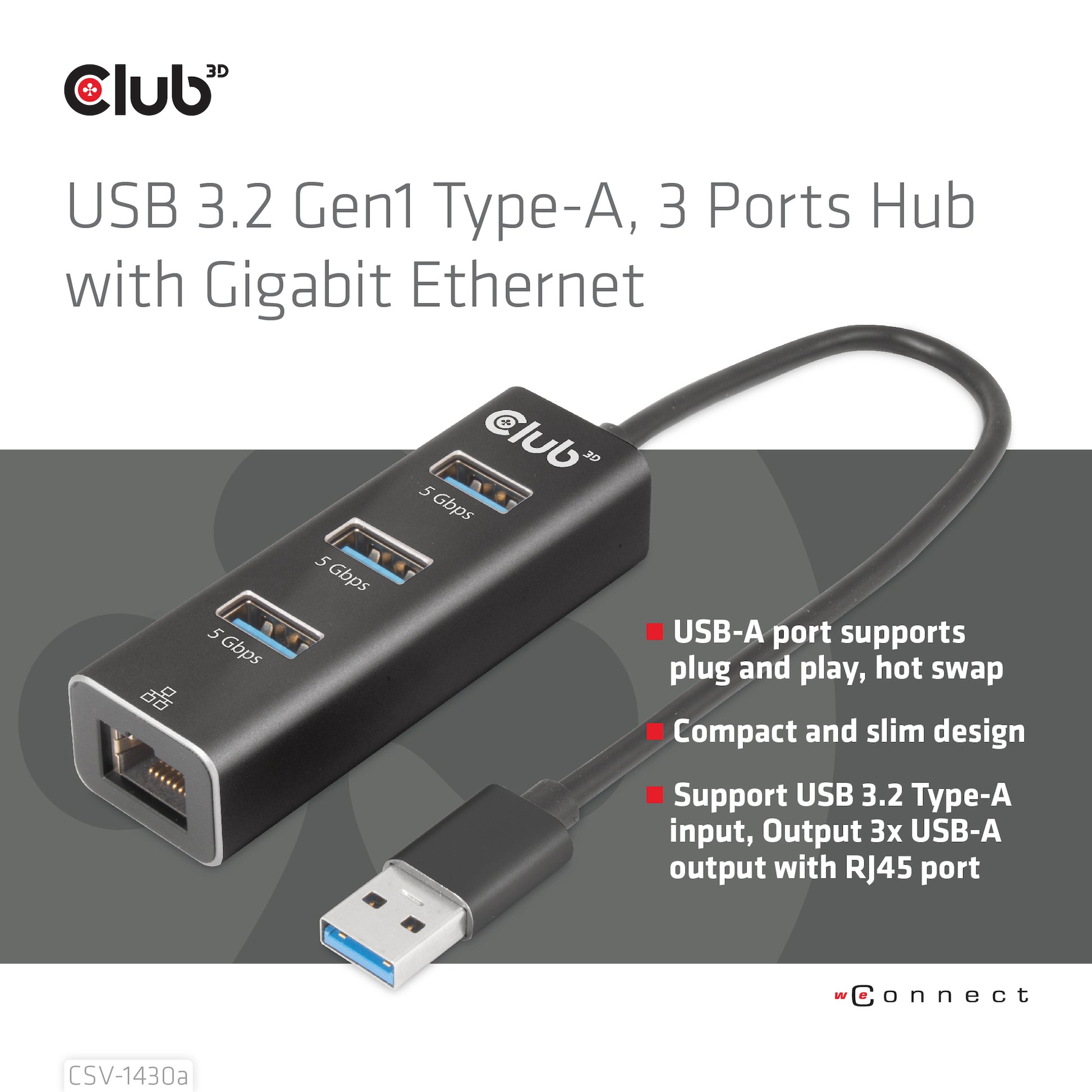 CLUB3D Club 3D CSV-1430a USB-Hub – USB 3.2 Gen 1, 3× USB-A, GbE