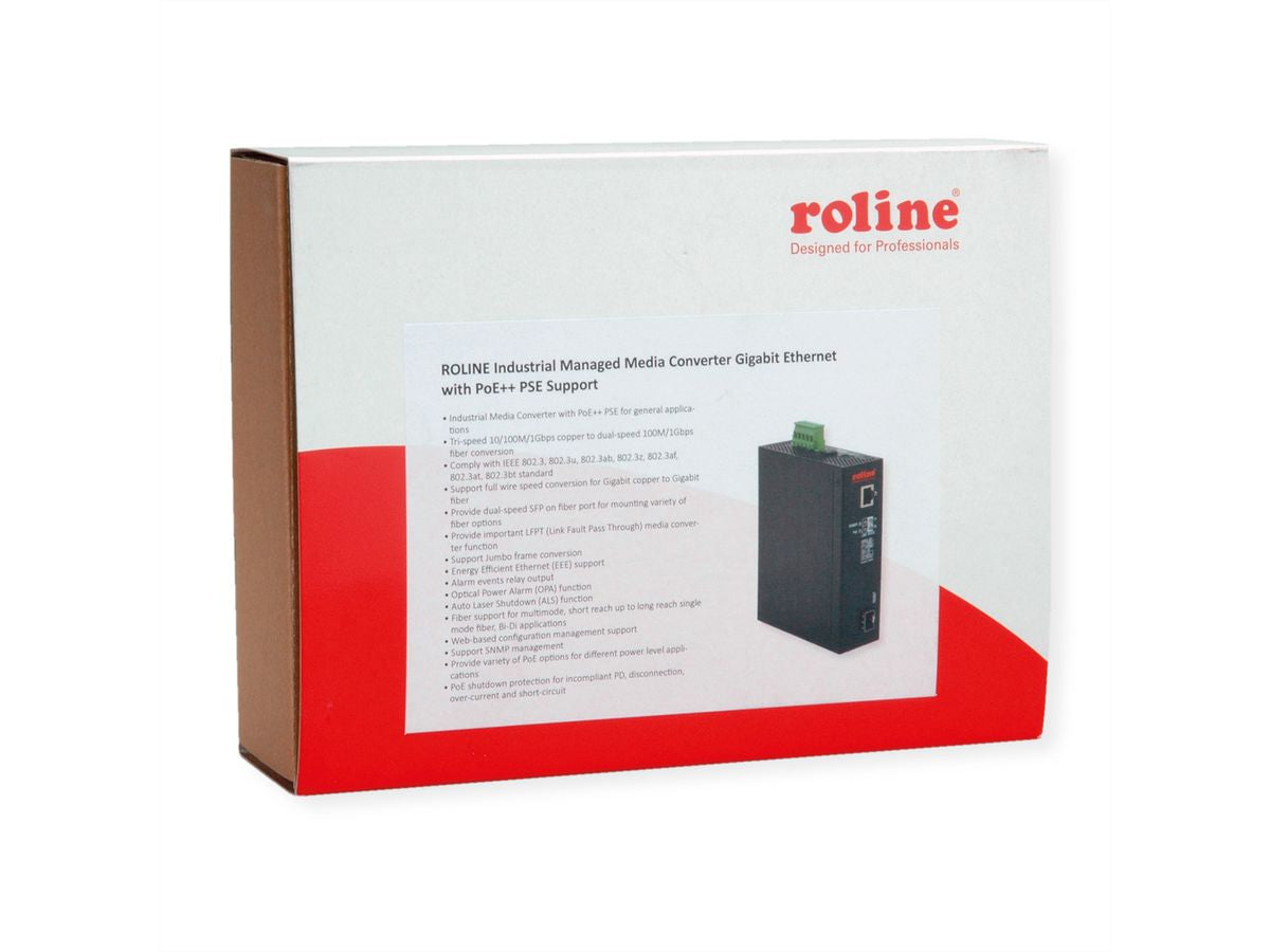 ROLINE Medienkonverter – Gigabit, 1× RJ‑45, 1× SFP (1000Base‑SX, Multi‑Mode, 500 m), PoE (802.3af/at/bt)