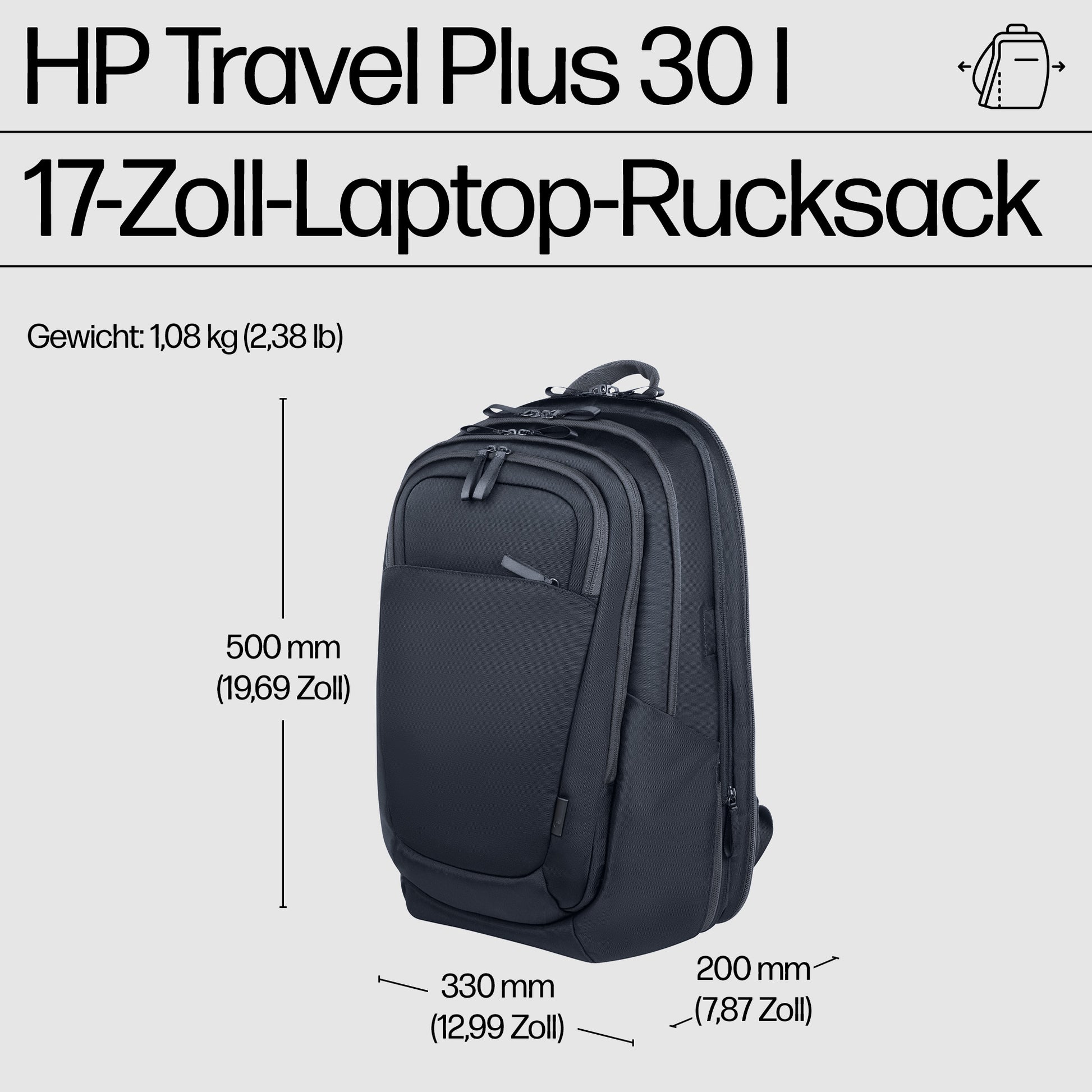 HP Notebook-Rucksack Travel Plus – für 17,3", 30–35 l, wasserfest, Polyester – Blau, 330 × 500 × 200 mm