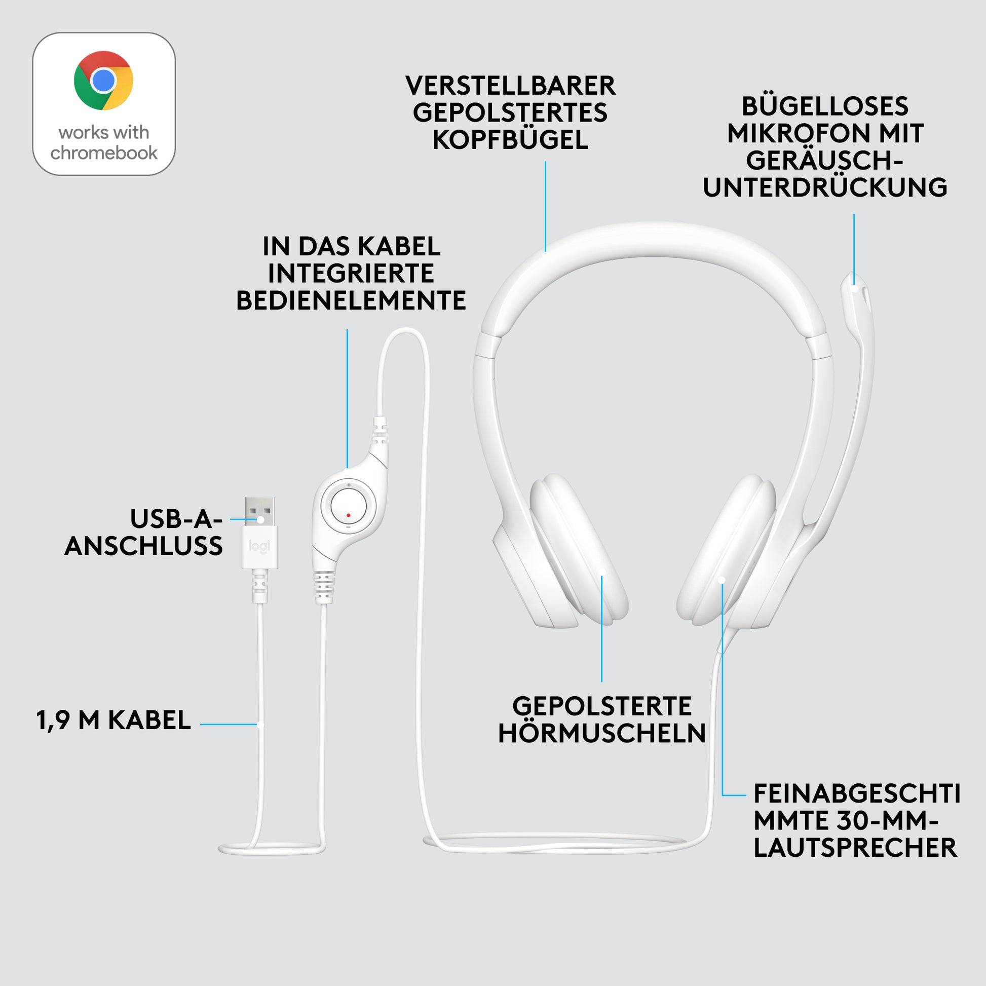 Logitech H390 – Headset – USB‑A, mit Mikrofon – Offwhite