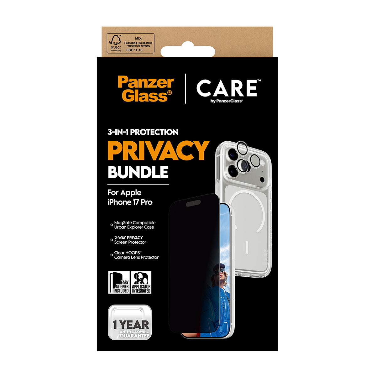 PanzerGlass Schutz-Set 3-in-1 – für Apple iPhone 17 Pro, kratzresistent, anti-fingerprint, Hartglas