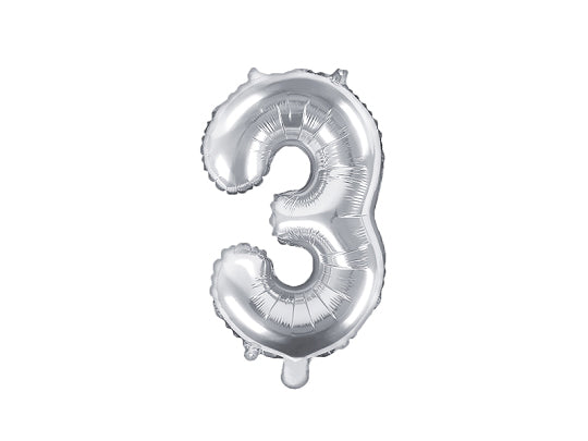 PartyDeco Folienballon Zahl 3 – Silber – 35 cm – Folie – 1 Stk