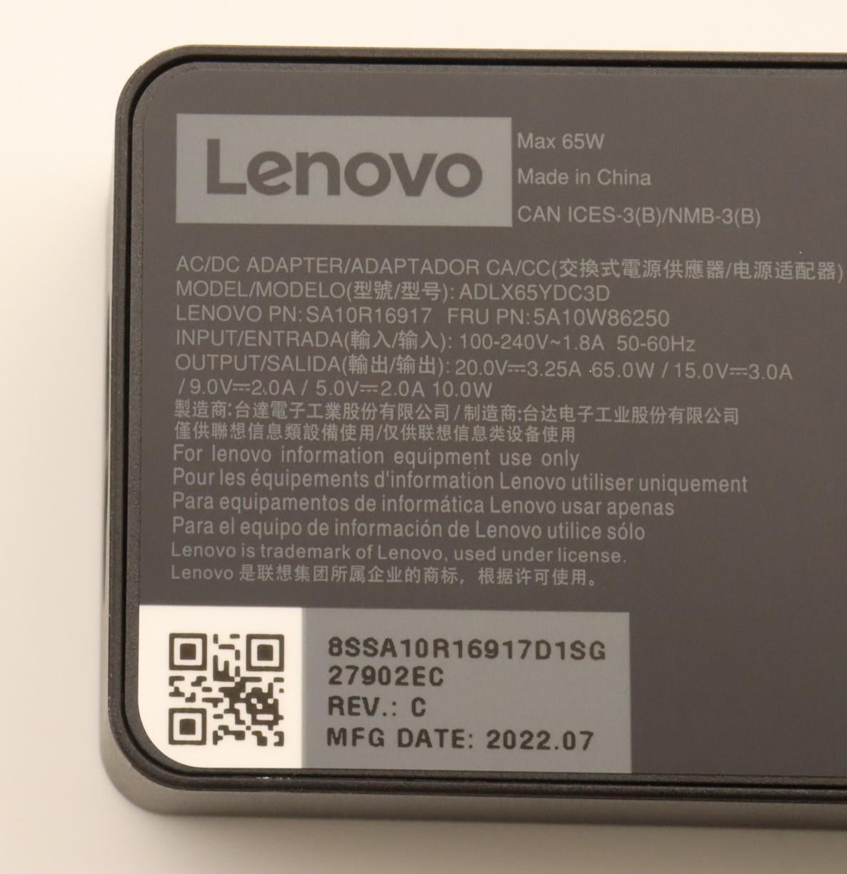 Lenovo 5A10W86250 Netzteil 65 W – 5–20 V, 3,25 A – für Lenovo-Laptops – schwarz