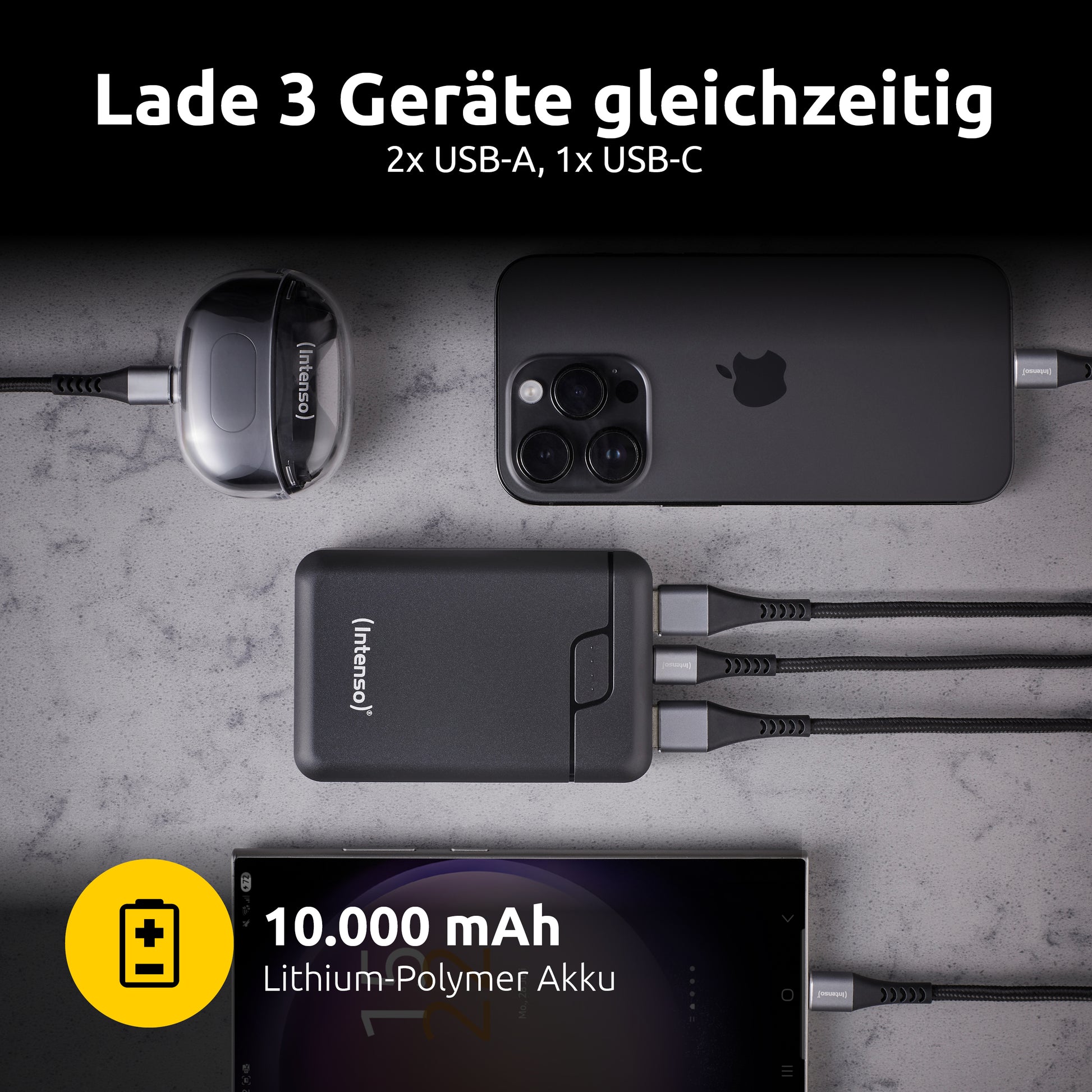 Intenso B10000 Powerbank 10'000 mAh – 1× USB-C, 2× USB-A, schwarz